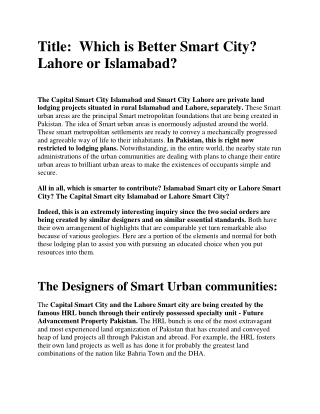 Which is Better Smart City. Lahore or Islamabad