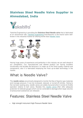 Stainless Steel Needle Valve Supplier in Ahmedabad, India