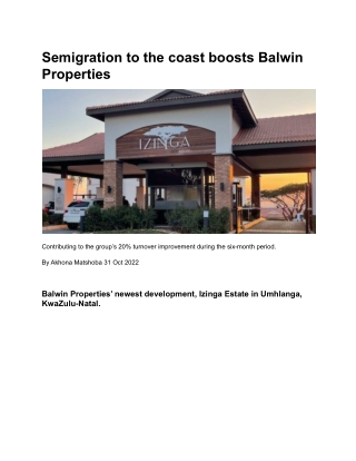 Semigration to the coast boosts Balwin Properties