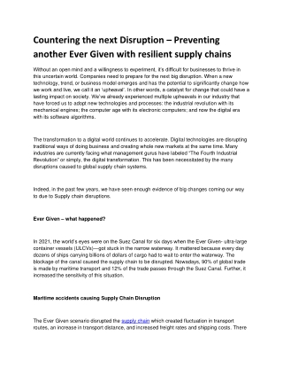 Countering the next Disruption – Preventing another Ever Given with resilient supply chains