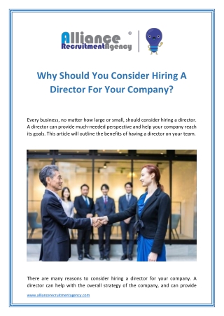 Director for Hire - Alliance Recruitment Agency
