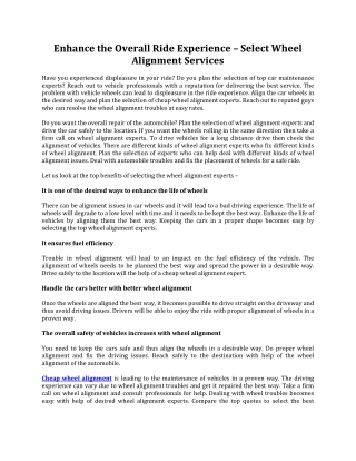 Enhance the Overall Ride Experience  Select Wheel Alignment Services