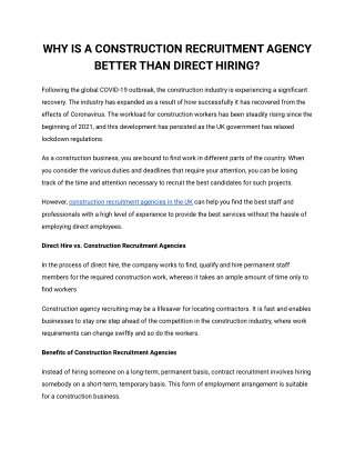 WHY IS A CONSTRUCTION RECRUITMENT AGENCY BETTER THAN DIRECT HIRING
