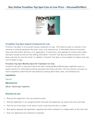 Buy Onlne Frontline Top Spot Cats at Low Price - DiscountPetMart