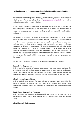 Alfa Chemistry: Pretreatment Chemicals Make Electroplating More Efficient