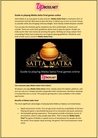 Guide to playing Matka Satta Final games online