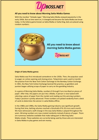 All you need to know about Morning Satta Matka Games