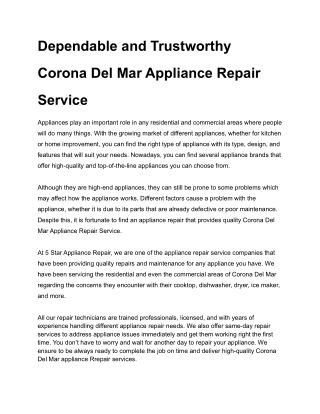 Dependable and Trustworthy Corona Del Mar Appliance Repair Service