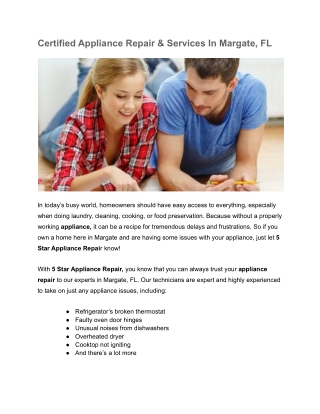 Certified Appliance Repair & Services In Margate, FL