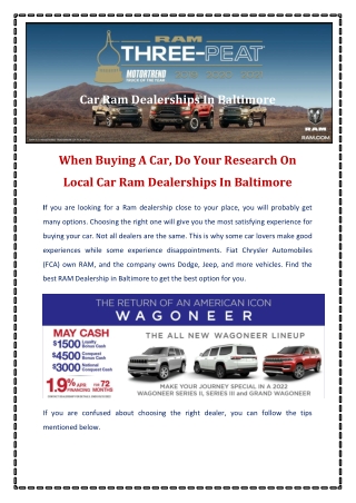 When Buying A Car, Do Your Research On Local Car Ram Dealerships In Baltimore