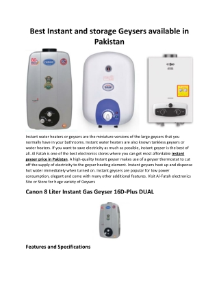 Best Instant and storage Geysers available in Pakistan