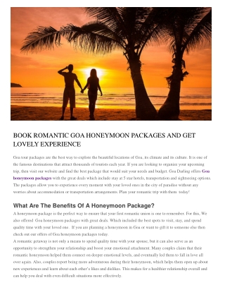 BOOK ROMANTIC GOA HONEYMOON PACKAGES AND GET LOVELY EXPERIENCE
