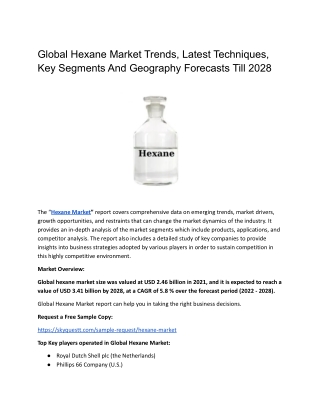 Global Hexane Market Trends, Latest Techniques & Key Segments.