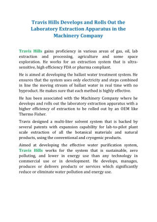 Travis Hills Develops and Rolls Out the Laboratory Extraction Apparatus in the Machinery Company