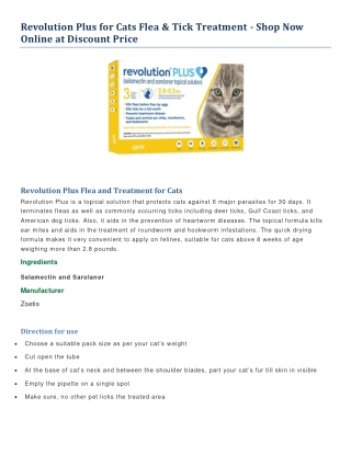 Revolution Plus for Cats Flea & Tick Treatment - Shop Now Online at Discount Price