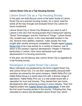 Lahore Smart City as a Top Housing Society