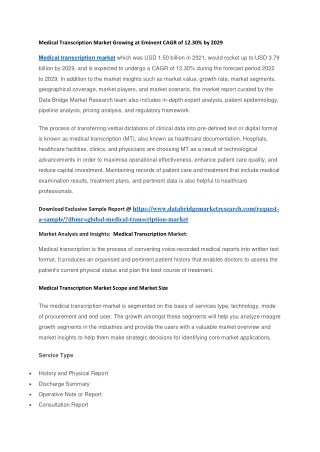 Medical Transcription Market Growing at Eminent CAGR of 12.30 by 2029