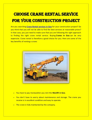 Choose Crane Rental Service For Your Construction Project