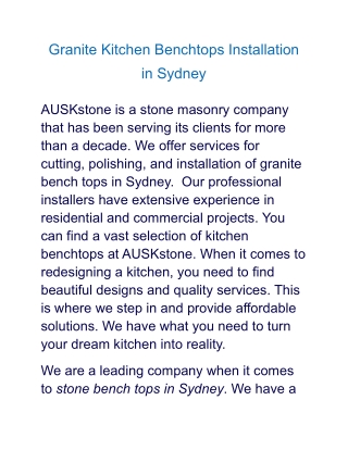 Granite Kitchen Benchtops Installation in Sydney