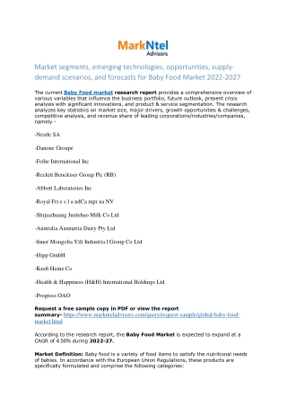 Baby Food Market Analysis - Future and Forecast 4.50% by 2027 - MarkNtel
