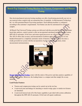 Bench-Top Universal Testing Machine for Tension