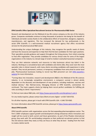 Specialised Recruitment Services for Pharmaceutical R&D Sector - EPM Scientific