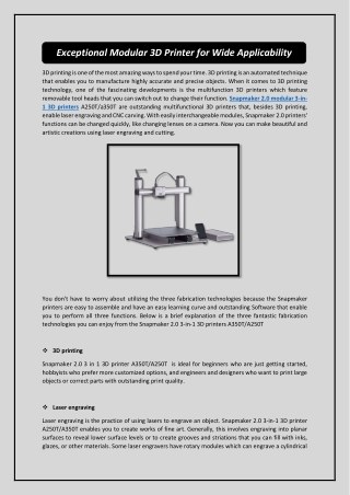 Exceptional Modular 3D Printer for Wide Applicability