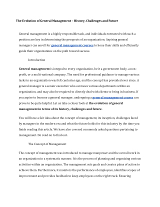 The Evolution of General Management – History, Challenges and Future