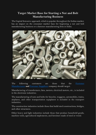 Target Market Base for Starting a Nut and Bolt Manufacturing Business