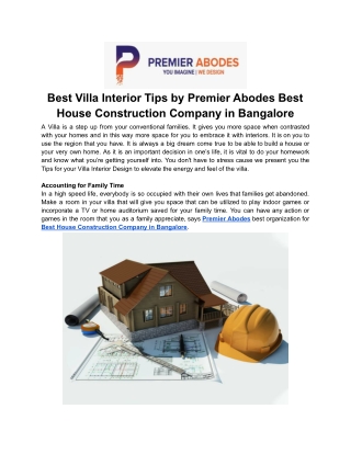 Best Villa Interior Tips by Premier Abodes Best House Construction Company in Bangalore