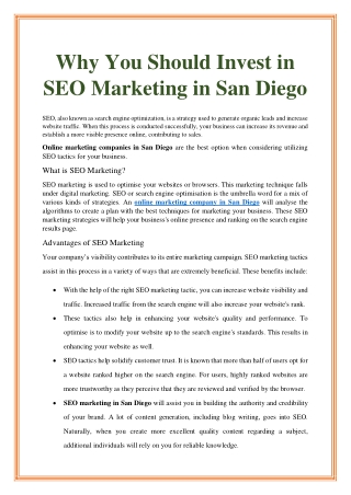 Why You Should Invest in SEO Marketing in San Diego