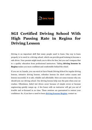 SGI Certified Driving School With High Passing Rate in Regina for Driving Lesson