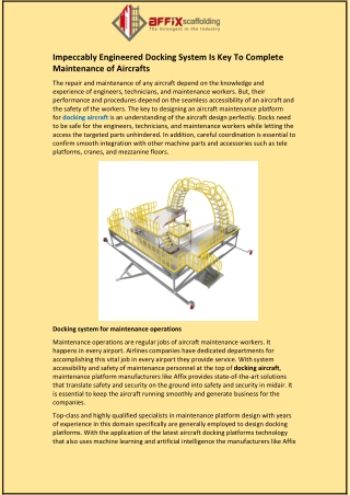 Impeccably Engineered Docking System Is Key To Complete Maintenance of Aircrafts