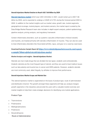 Steroid Injections Market Destine to Reach US 7.66 Billion by 2029