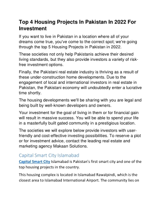 Top 4 Housing Projects In Pakistan For Investment