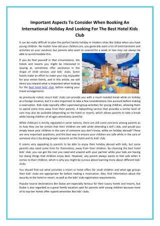 Important Aspects To Consider When Booking An International Holiday And Looking For The Best Hotel Kids Club