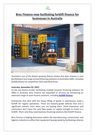 Broc Finance now facilitating forklift finance for businesses in Australia