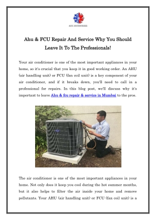 Ahu & FCU Repair And Service Why You Should Leave It To The Professionals