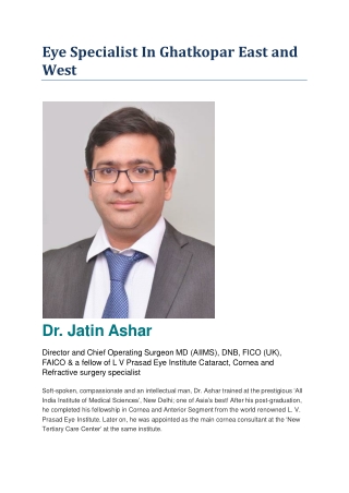 Cornea Specialist and Eye Specialist In Ghatkopar, Mumbai