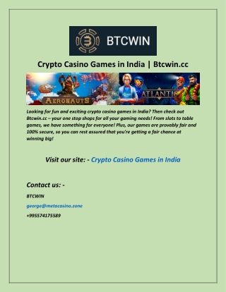 Crypto Casino Games in India  Btcwin cc