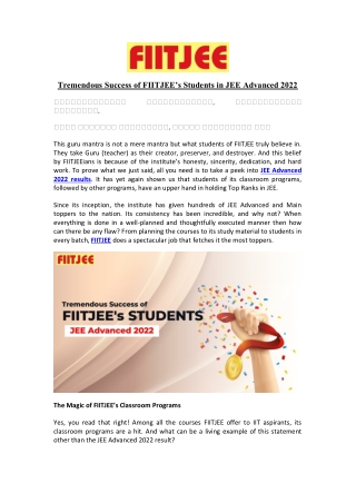 Tremendous Success of FIITJEE’s Students in JEE Advanced 2022