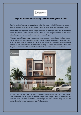 Things To Remember Deciding The House Designers In India