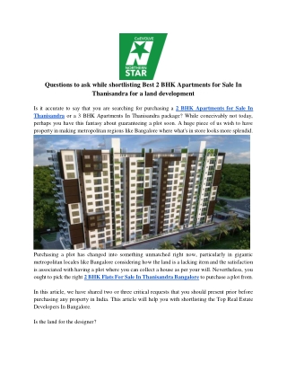 Questions to ask while shortlisting Best 2 BHK Apartments for Sale In Thanisandra for a land development