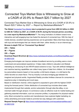 Connected Toys Market Size Grow at a CAGR of 20.9% to Reach $20.7 Bn by 2027