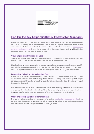 Find Out the Key Responsibilities of Construction Managers