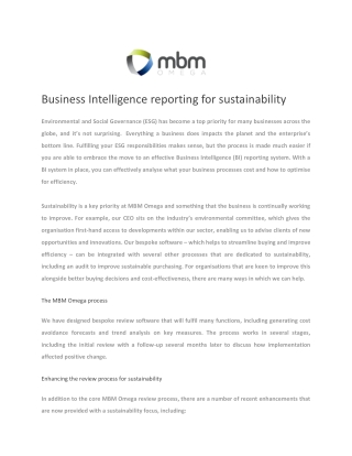 Business Intelligence reporting for sustainability - MBM Omega