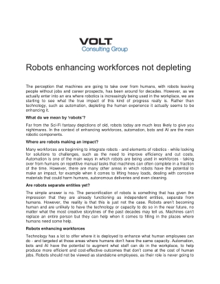 Robots enhancing workforces not depleting - Volt Consulting Group