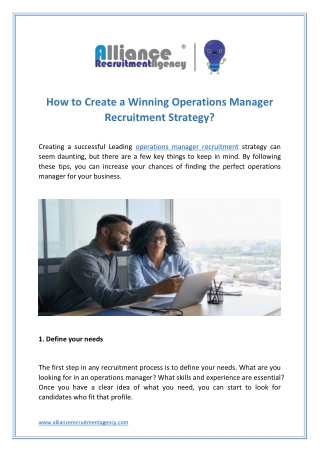 Operations Manager Hiring - Alliance Recruitment Agency