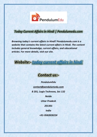 Today Current Affairs in Hindi | Pendulumedu.com