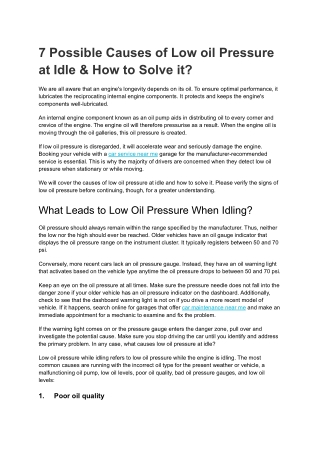 7 Possible Causes of Low oil Pressure at Idle & How to Solve it